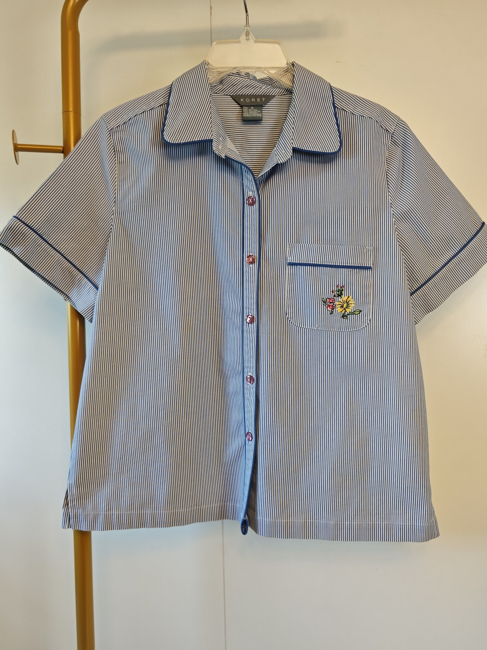 Granny Blue White Pinstripe Button-Down Shirt with Floral Embroidered Accents M